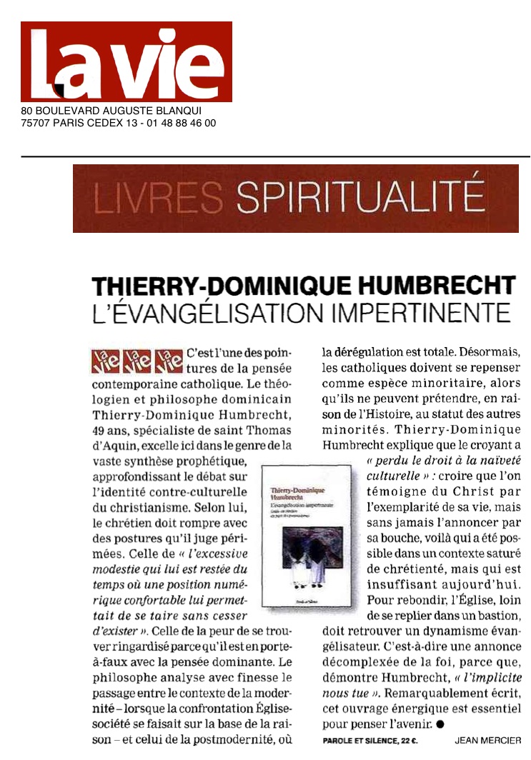 L'Evangélisation Impertinente de Thierry-Dominique Humbrecht dans La Vie
